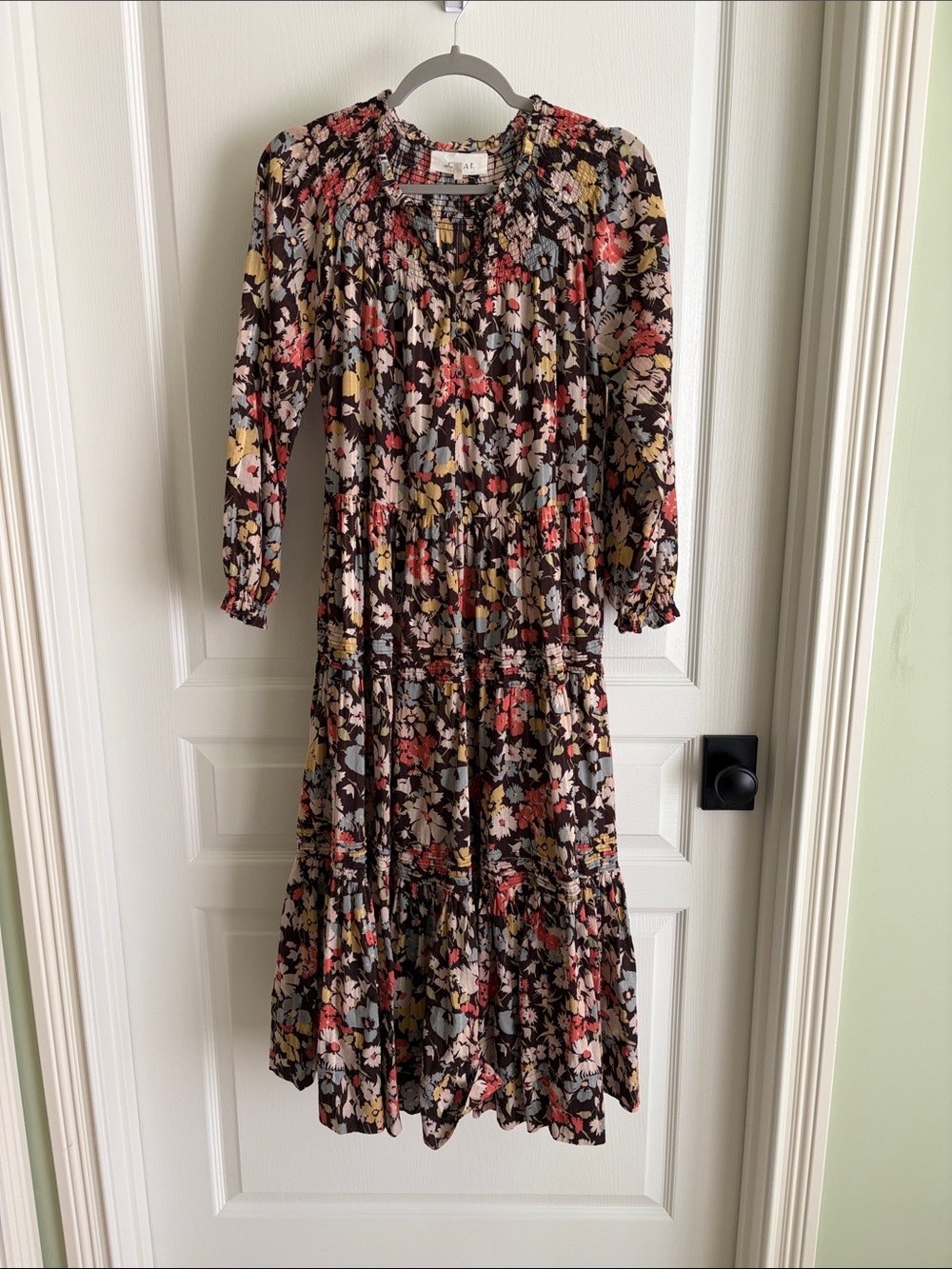 THE GREAT. Black Floral Tiered Midi Dress
